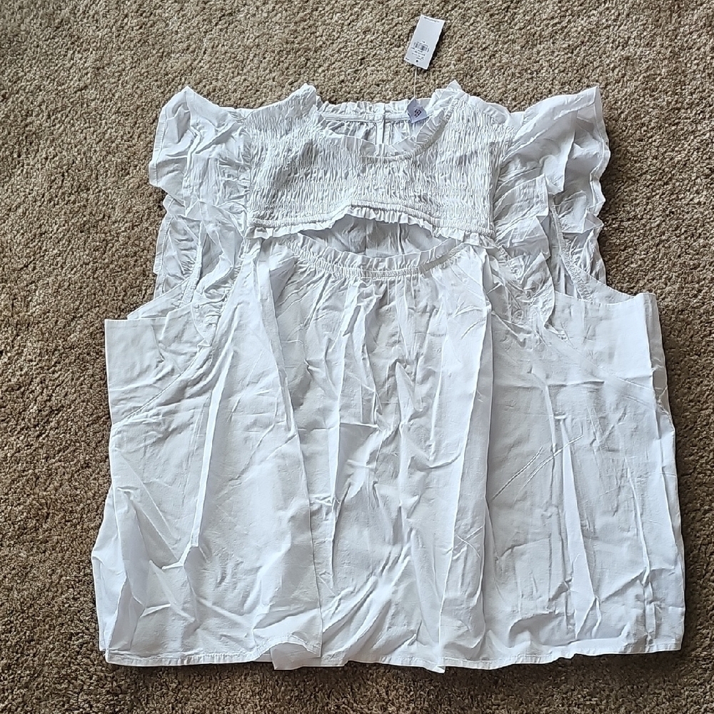 Old Navy White Flutter Sleeve Smocked Cutout Swing Blouse Extra Large